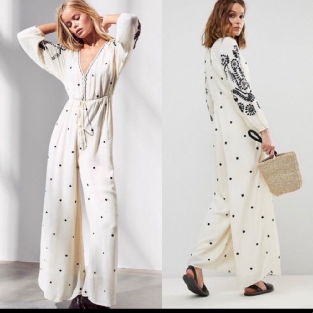 Free People Ivory Wide Leg Jumpsuit with Gorgeous Black Embroidery Bohemian